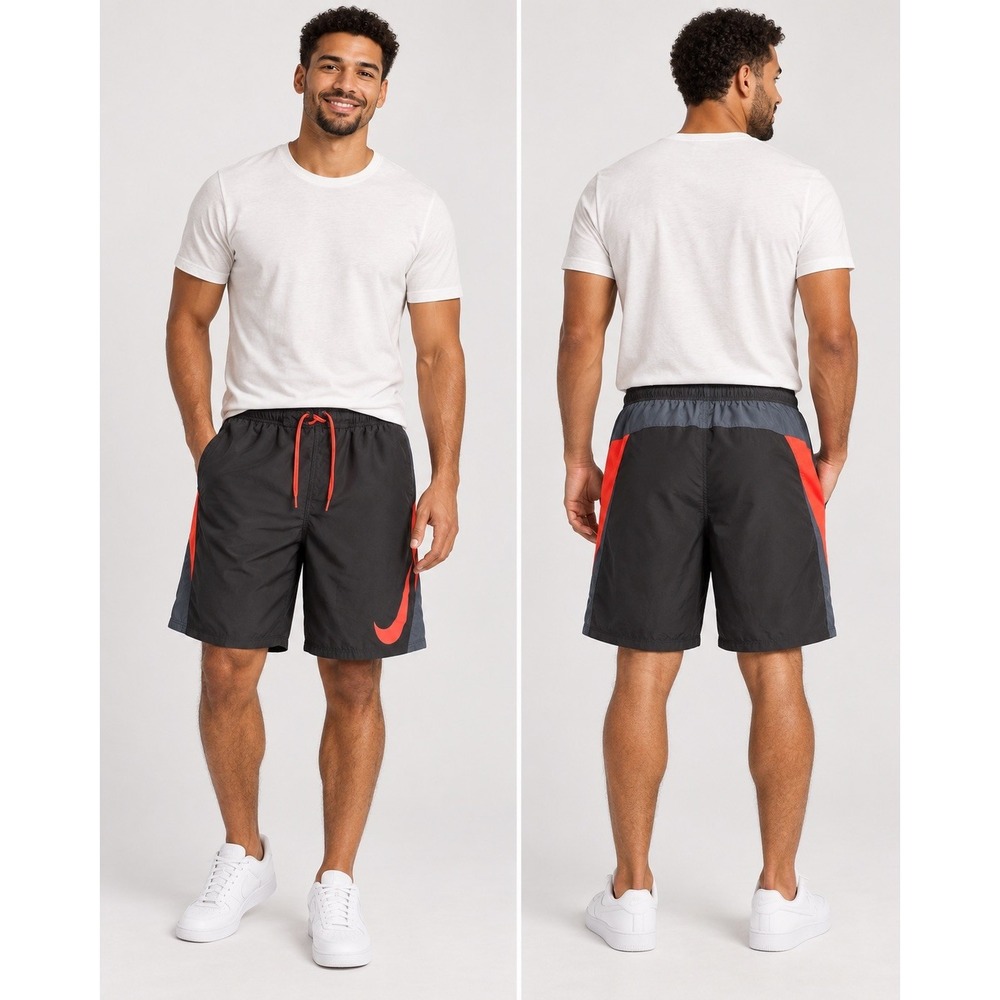 Nike Men's Swim Trunks Size L Black Grey Orange Swoosh Drawstring 32" Waist
